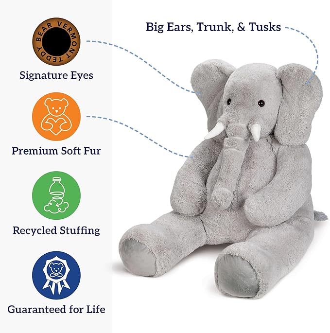 Vermont Teddy Bear Giant Elephant Stuffed Animal | 6 Foot Elephant Plush Toy | Collectible Plushies from Giant Cuddle Collection for Kids and Adults | Crafted in the USA