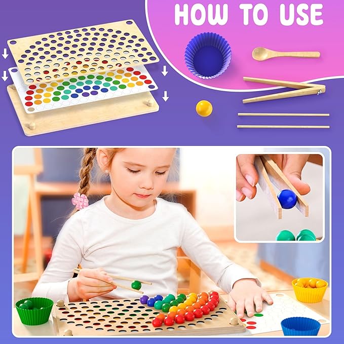 Toddler Wooden Learning Montessori Toys – Preschool educational board bead game Baby Rainbow Stacking Matching Counting Color Sorting for fine Motor Math Skills Boys and Girls for 3 4 5 Years Old