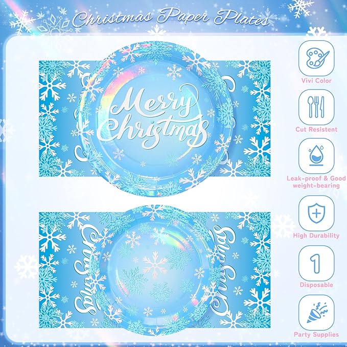 96PCS Blue Christmas Plates Napkins Forks for Party Decorations, Set of 24 Snowflakes Merry Christmas Disposable Tableware Supplies, Blue White Paper Plates for Winter Xmas Party