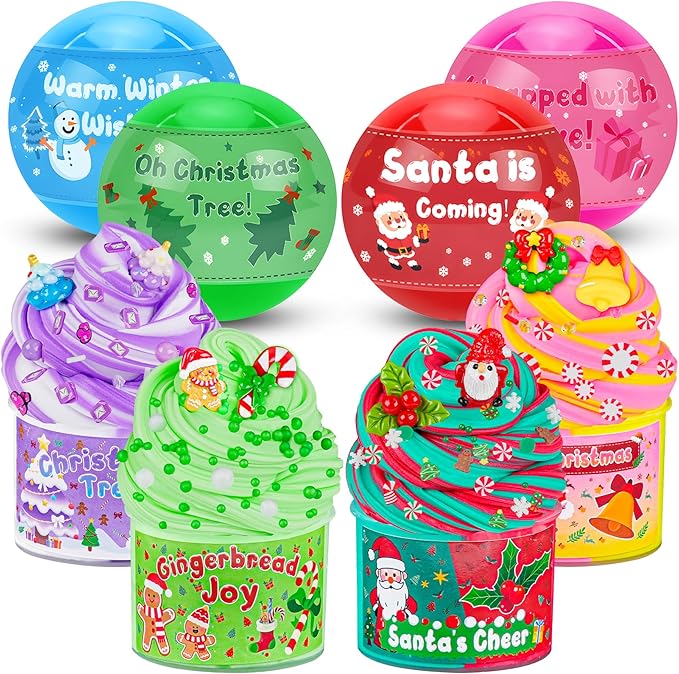 LAWOHO Christmas Stocking Stuffers for Kids, 4 Pack Christmas Slime Balls with Butter Slime & Xmas Add-ins, Slime kit for Girls & Boys Kids Stocking Stuffers, Xmas Gifts for 4 5 6 7 8 9 10+ Year Old