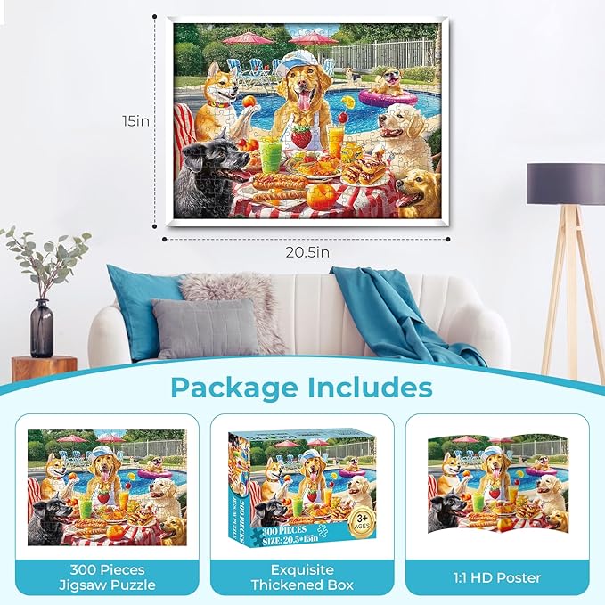 300 Pieces Puzzles for Adults,Summer Dog Pool Party & Food Puzzle,Large Puzzles Pieces for Seniors,Fun Puppy Jigsaw Puzzles for Kids Ages 8-10,Challenging Family Games,Holiday Party Gifts,20.5 x 15 In
