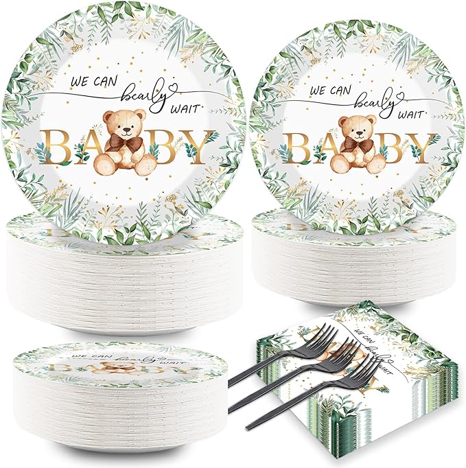 Naozinebi 200PCS Sage Green Bear Baby Shower Decoration Teddy Plates Napkins We Can Bearly Wait Paper Plates Greenery Bear Party Tableware Set for Gender Reveal Neutral Party Decor Supplies Serves 50