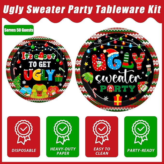200Pcs Christmas Ugly Sweater Party Plates, Red and Green Ugly Xmas Sweater Party Decorations Supplies Winter Holidays Family Gathering Birthday Party Tableware Disposable Dinnerware Set , Serves 50