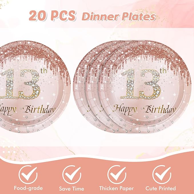 13th Birthday Party Decorations for Girls, Rose Gold Birthday Supplies Include 20Pcs Dinner Plates, 20Pcs Dessert Plates, 20Pieces Napkins and 2 Tablecloth, Sweet Thirteen Party Tableware