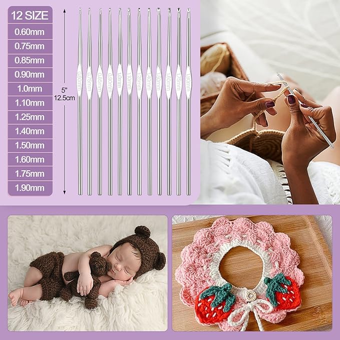 Aeelike Beginner Crochet Kit, 59pcs Crochet Starter Kit for Adults and Kids, Basic Crochet & Knitting Supplies Kit for Beginners,Travel Crochet Kit Small with Purple Storage Bag