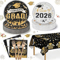 Graduation Plates and Napkins 2026,97PcsBlack Disposable Grad Plates Class of 2026 Dessert Plates Napkins,Tablecloth,Forks,Graduation Decorations for Congrats Grad Party,Serve 24
