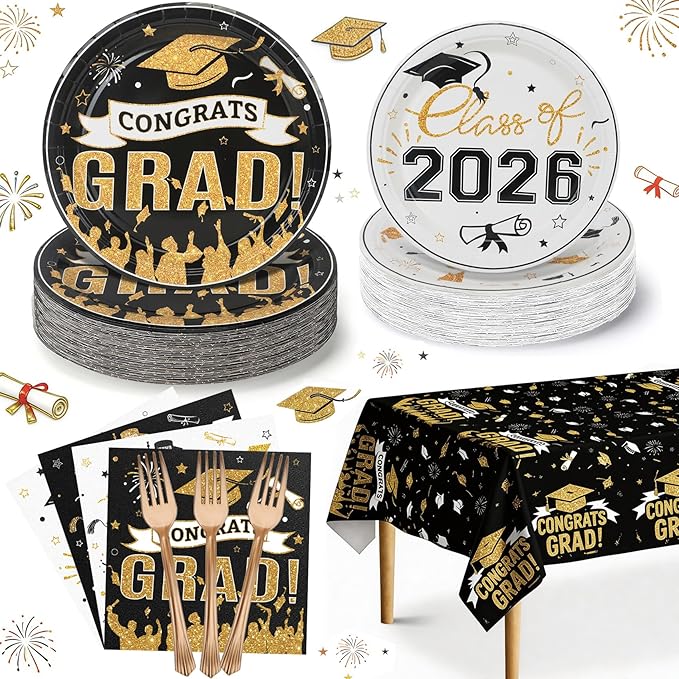 Graduation Plates and Napkins 2026,97PcsBlack Disposable Grad Plates Class of 2026 Dessert Plates Napkins,Tablecloth,Forks,Graduation Decorations for Congrats Grad Party,Serve 24