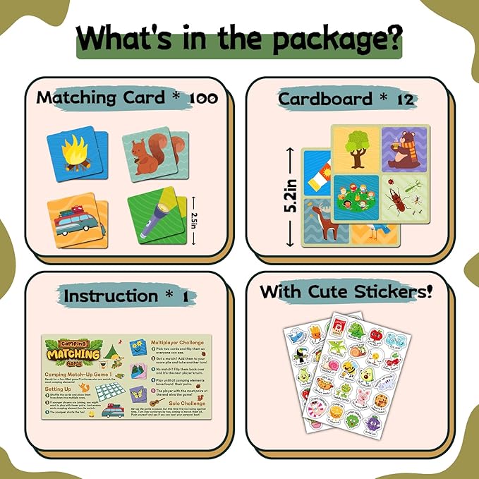 zheyistep 100 PCS Camping Matching Game for Kids Toddlers Memory Game, Toddler Camping Theme Match Games Concentration Card Game for Boys Girls Preschool Learning Activities