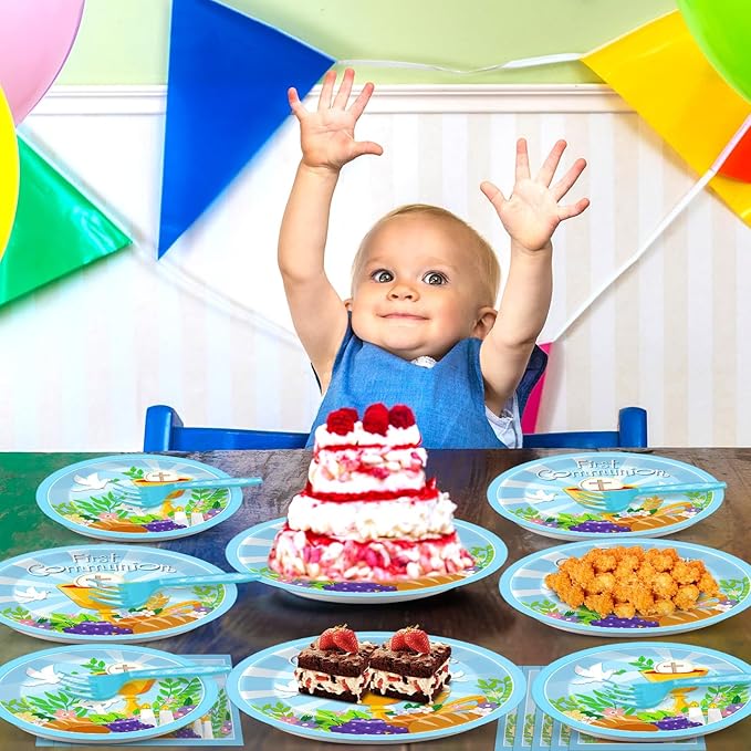 Qyeahkj 100 Pcs Baptism Plates and Napkins, First Holy Communion Party Blue Paper Disposable Tableware Decorations for Boys God Bless Decor for Christening Celebration Party Baby Shower, Serves 25
