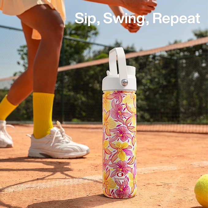 ENCOOL Insulated Water Bottle with Straw Stainless Steel Water Bottle, Leak-Proof, BPA-Free, Double Wall Vacuum Keeps Cold for 24 Hours for Sports, Travel, School (26 oz, Tropical Floral)