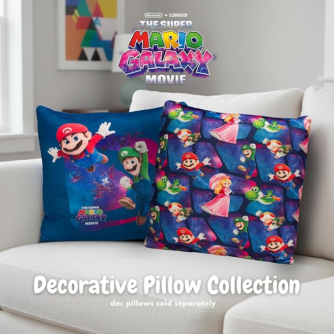 The Super Mario Galaxy Movie Kids Squishy Plush Throw Pillow, Soft Decorative Cushion for Bedroom Décor & Gifts, 13 Inch, Mario & Luigi (100% Officially Licensed Product) By Franco