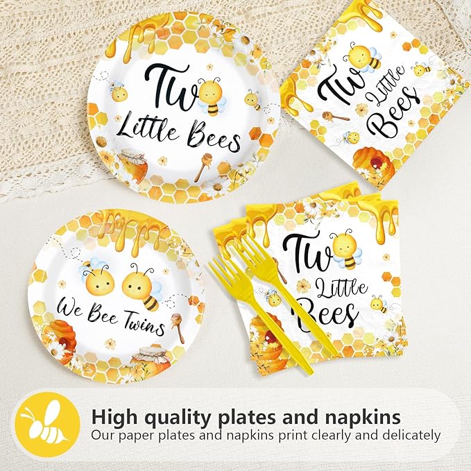 96Pcs Two Little Bees Party Supplies Bumble Bee Twins Theme Plates and Napkins Tableware Sets We Bee Twins Party Decorations for Bees Twins Baby Shower 2nd Birthday Decorations Serves 24