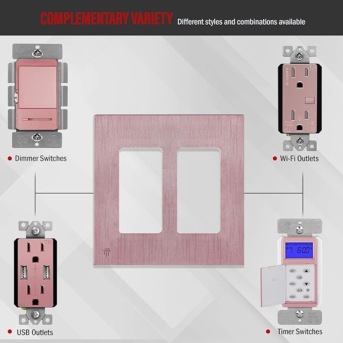 ENERLITES Elite Series Screwless Decorator Wall Plate Child Safe Outlet Cover, Gloss Finish, Size 2-Gang 4.68" H x 4.73" L, Unbreakable Polycarbonate Thermoplastic, SI8832-BRG, Brushed Rose Gold
