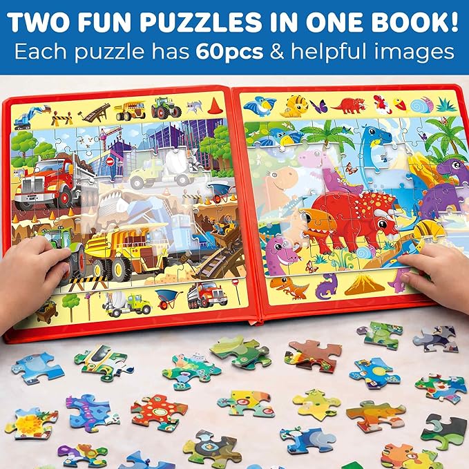 QUOKKA Magnetic Puzzles for Toddlers 3-5 – Search & Find 2 Pack, 60 Pieces Each – Travel Friendly Board with Hidden Objects, Construction and Dinosaur Scenes – Educational Puzzle Gift for 3 Year Olds