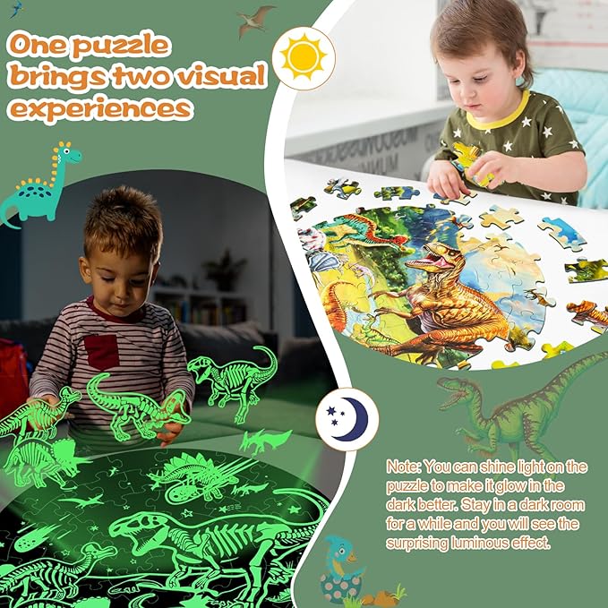 Glow-in-The-Dark Dinosaur Floor Puzzles for Kids Ages 4-6, Kids Jigsaw Puzzles Ages 6-8, 70PCS Large Round Dino Educational Puzzle Toys for 3 4 5 6 7 8 Years Old Children, Easter Gifts for Kids