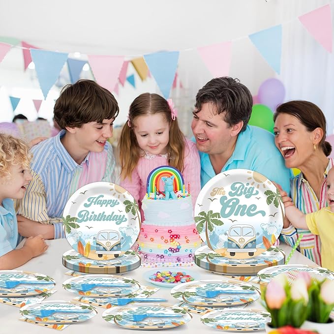 200pcs Summer Beach The Big One Party Plates Napkins Boy Surfing First Birthday Tableware Set Hawaiian Palm Tree Cake Dessert Disposable Dinnerware Retro Wave Decor for Baby Shower Supplies Serves 50