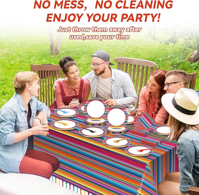Qyeahkj Mexican Serape Fiesta Party Supplies Serves 24 Mayo Party Paper Plates Napkins Colorful Stripes Mexico Tablecloth Set Tableware Kit for Pinata Taco Ponchos Dance Day of The Dead Favor