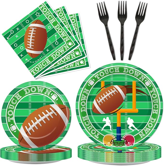 Qyeahkj 100 Pcs Football Party Plates and Napkins Set Football Birthday Party Decorations Supplies Football Tableware Football Themed Party Favors for Boys Kids Sports Fans Events Serves 25