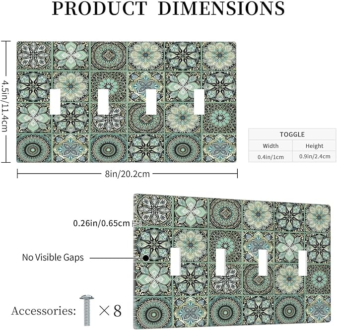 Moroccan Mandala Tile Floral Talavera Tiles Light Switch Covers Quad Toggle Electrical Faceplate 4 Gang Wall Plate Decorative Switch Plates Cover for Bathroom Kitchen Decor