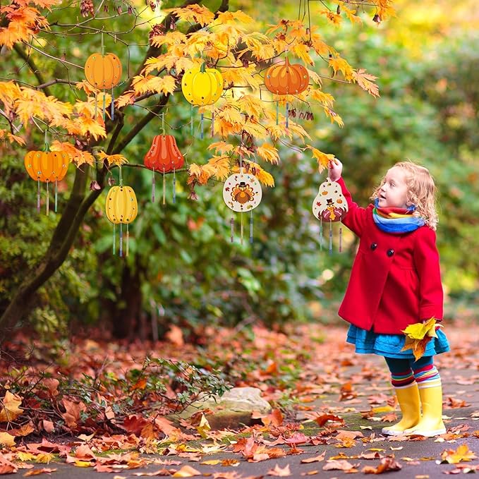 gisgfim 16 Pack Fall Pumpkin Wind Chime Kits Thanksgiving Crafts for Kids Make Your Own Pumpkins Wind Chime Wooden DIY Arts and Crafts for Autumn Party Classroom Decorations Supplies Birthday Favors