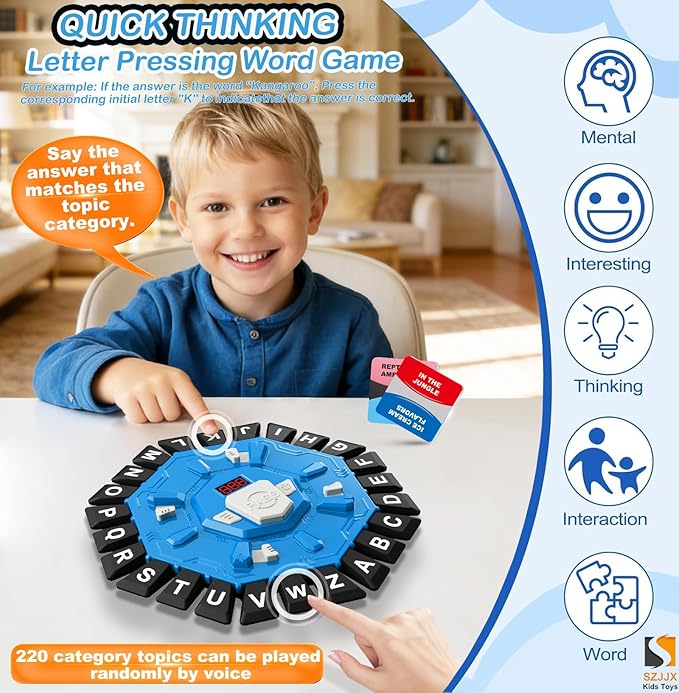Word Game Family Board Games for Kids & Adults with 2 Modes,220 Topic Categories 24 Letters Pressing Games,Fun Fast-Paced Learning Game with English Pronunciation for Boys Girls Age 3+,35 Cards,Blue