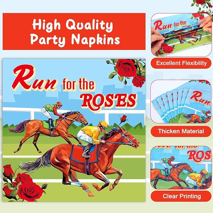 Qyeahkj 100 Pcs Kentucky Party Supplies Derby Day Tableware Set Run for The Roses Party Plates Napkins Forks Disposable Horse Racing Decorations for Equestrian Enthusiasts Race Day Serves 25