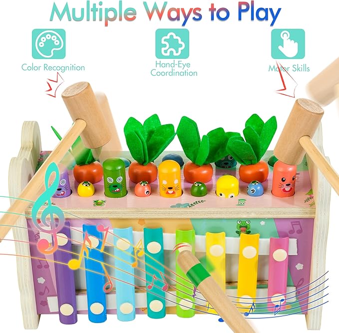 6-in-1 Wooden Montessori Toys for 1 Year Old, Mole-Tapping Game | Play the Xylophone | Frog Clock | Carrot Harvest Game | Spinning Gear, Baby Girls Toy Birthday Gift Early Learning