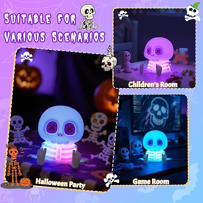 CoolGift Mart Skull Night Light, Silicone Touch Control Lamp. USB Rechargeable with Timer & Brightness Adjustment, Creates Customizable Glow for Gaming Room, Bedside, or Halloween Decor