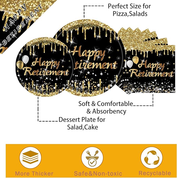Retirement Party Plates and Napkins Set,Happy Retirement Party Supplies Decorations for Men Women Gold and Black Disposable Tableware Kit, Serves 25