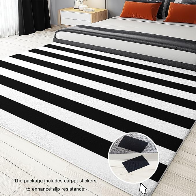 Black and White Area Rugs 6 x 9 ft Non-Slip Foldable Machine Washable Rug, Geometric Horizontal Stripes Low-Pile Comfy Fluffy Floormat for Various Scenes Home Decor Aesthetic