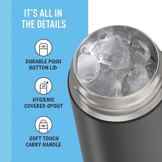 THERMOS FUNTAINER 16 Ounce Stainless Steel Vacuum Insulated Bottle with Wide Spout Lid,Black Matte,(Pack of 6)