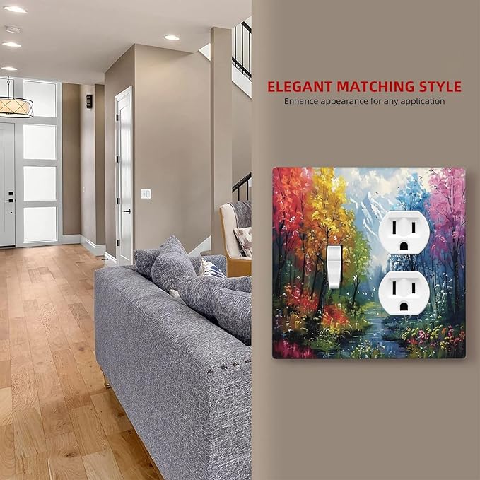 Colorful Forest Snow Mountain River Oil Painting Style Wallplates 1 Toggle 1 Duplex Switch Plate Electrical GFCI Faceplate Decorative Light Switch Covers for Bedroom Living Room Decor