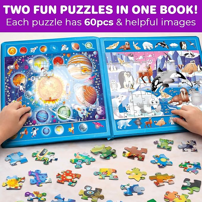 QUOKKA Magnetic Puzzles for Toddlers 3-5 – Search & Find 2 Pack 60 Pieces Each – Travel Friendly Board with Hidden Objects, Space Map and Polar Animals – Educational Puzzle Gift for 3 Year Olds
