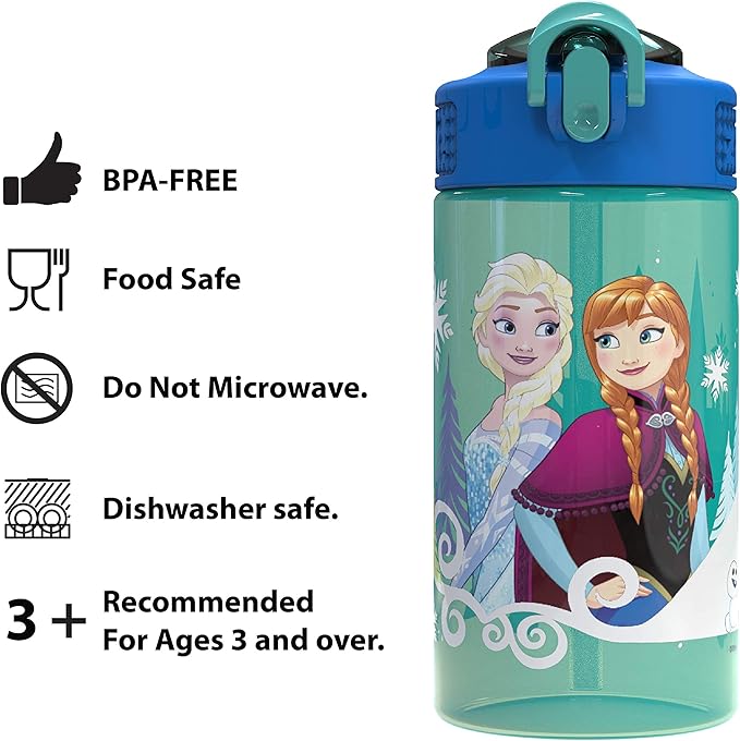 Zak Designs Disney Frozen 2 Kids Spout Cover and Built-in Carrying Loop Made of Plastic, Leak-Proof Water Bottle Design, 16oz, Elsa & Anna