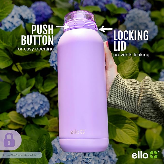 Ello Cooper 40oz Stainless Steel Water Bottle with Straw and Carry Handle, Double Walled and Vacuum Insulated Metal, Leak Proof Locking Lid with Soft Silicone Spout, Reusable, BPA Free, Sage