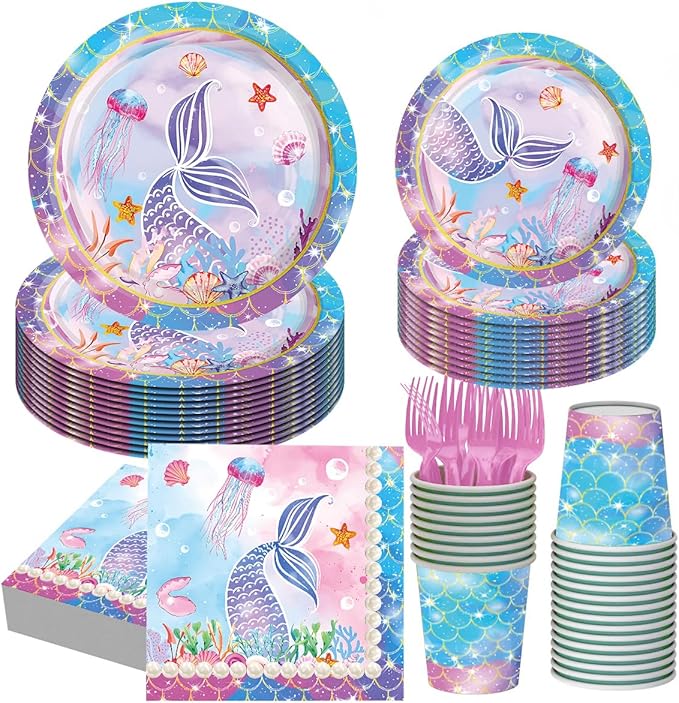 Mermaid Birthday Decorations Disposable Tableware Plates for Baby Shower,Under The Sea Party Supplies Plates,Blue Tableware with Cups,Tablecloth,Banner for Kids Girls,Serve 24