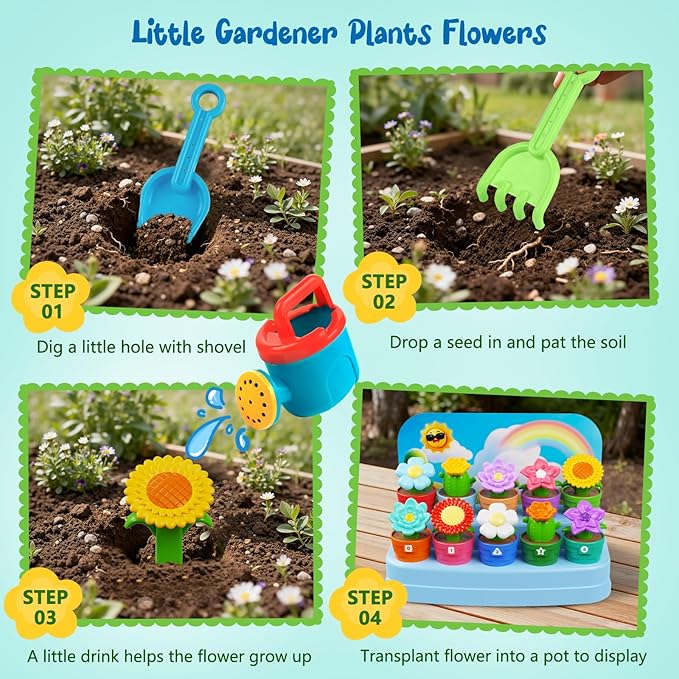 Montessori Flower Garden Building Toy for Toddlers, Gardening Set with Watering Can, Shovel, Rake, Shape & Color Sensory Toys, Preschool Learning Toys,Toddler Outdoor Toys,Gift for Baby Girls Boys
