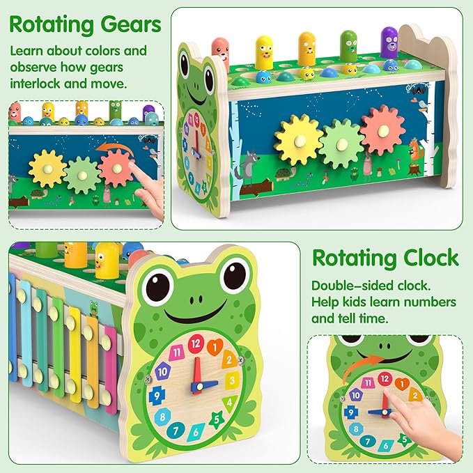 6-IN-1 Wooden Montessori Toys for 1 Year Old, Mole-Tapping Game | Play the Xylophone | Frog Clock | Carrot Harvest Game | Spinning Gear, Toddler Toys Aged 1-4, Baby Toy Gift for Early Learning