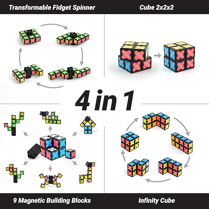 TOSY Magnet Fidget Spinner Mini - 8 Blocks, 3 in 1 Toy: Transformable Fidget Spinner, Infinity Cube, 2x2 Puzzle Cube, Easter Basket Stuffers for Kids/Adults, STEM Sensory Stress Relief Toy