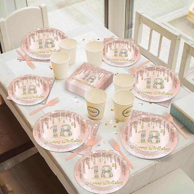 96 Pcs 18th Birthday Decoration for Girls Rose Gold 18th Birthday Plates and Napkins Party Supplies Time to Adult Rose Gold Pink Happy 18 Years Disposable Tableware for 24 Guests Party Decoration