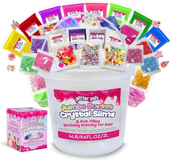 4 LB Huge Glassy Clear Bulk Slime Bucket Toy for Kids Jumbo 64 FL OZ Premade Crystal Slime Pack with 39 Add-Ins Sensory Toy Bulk Slime Kit for Girls Boys Teens Birthday Party Present