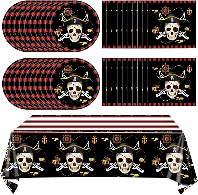 Ryzovo 41pcs Pirate Tableware Set Includes 20 Plates, 20 Npkins and 1 Tablecloth, Pirate Ship Theme Party Supplies Decorations Pirate Dinnerware for Adult Teens Kids Table Decor, 20 Guests