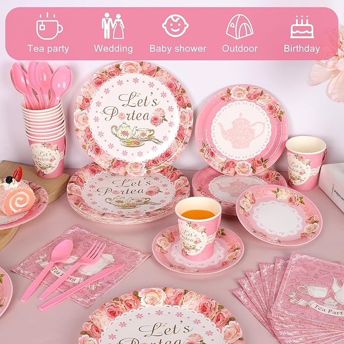 Kochorie 192 Pcs Tea Party Tableware Sets Disposable Let's Partea Party Supplies Plates Cups Napkins Cutlery Serves 24 with Teacups and Saucers Sets for Birthday Wedding Baby Shower Party Decorations
