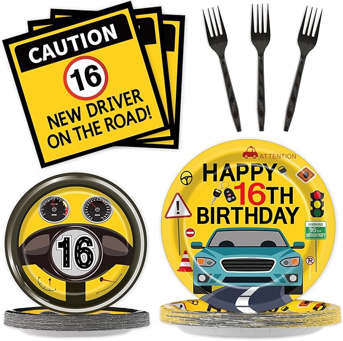 100 Pcs Drivers License 16th Birthday Party Decorations New Driver Car Plates and Napkins Set Disposable Racing 16 Years Old Paper Tableware for Boys Learner Driver Theme Supplies Serves 25