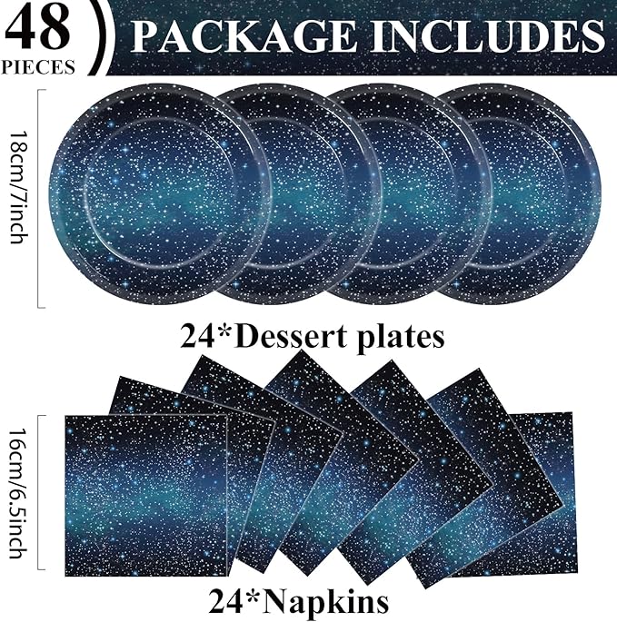 48Pcs Starry Night Starry Sky Galaxy Paper Plates and Napkins Solar System Party Decorations Ramadan Birthday Party Supplies Outer Space Disposable Tableware for Baby Shower Boys Girls Serves 24