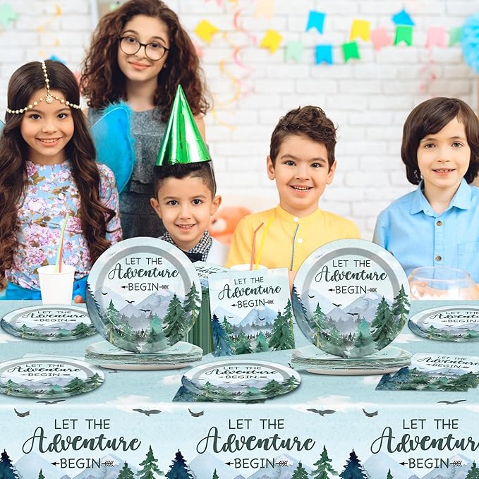 ZOIIWA Adventure Awaits Tableware Set Let The Adventure Begin Plates Napkins Tree Mountain Wilderness Tablecloths Winter Party Dinnerware for Kids Baby Shower Birthday Party Decor Supplies