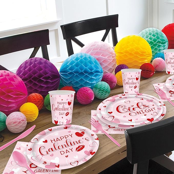 168pcs Galentines Day Paper Plates Napkins Pink Party Supplies Cups Disposable Tableware For Women Girls Galentines Day Decorations Serve 24 Guests