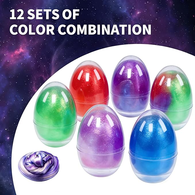 12 Pack Galaxy Slime Eggs Toys Kit,Super Soft, Non-Sticky Texture,Easter Eggs Ideal for Birthday Gifts for Girls and Boys, Party Favors, and Easter Basket Fillers