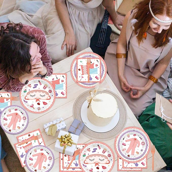 Pajama Party Plates Napkins Sleepover Tableware Set - Spa Party Dinnerware Slumber Cutlery for Girls - Disposable Decoration for 24 Guests