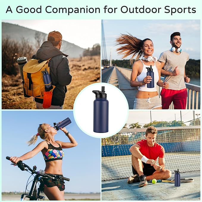 DOMICARE 32 oz Insulated Water Bottle Bulk, Vacuum Insulated Stainless Steel Sports Water Bottle with Straw Lid & Spout Lid, Leakproof, Reusable - Travel, Camping, Bike, Navy Blue (4 Pack)